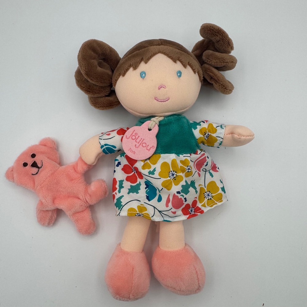 Jolijou Paris My First Doll Green Plush Floral Dress Pink Bear JJ6053 Rag Doll